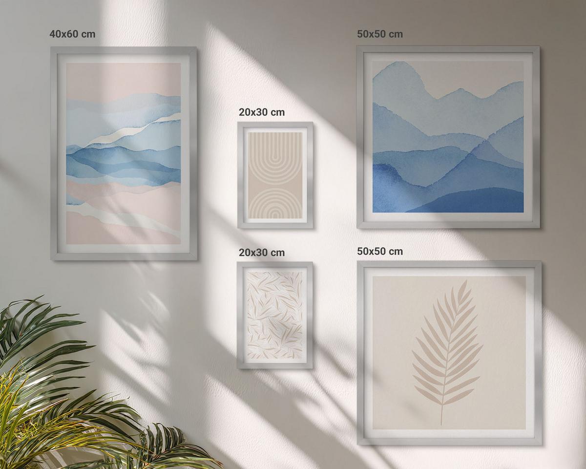 BILDER SET 5er Set - 50x50 cm & 20x30 cm & 40x60 cm Silberner Rahmen - Blätterwellen beige blau - Silberfarben, Kunststoff (40/60cm) - TULUP