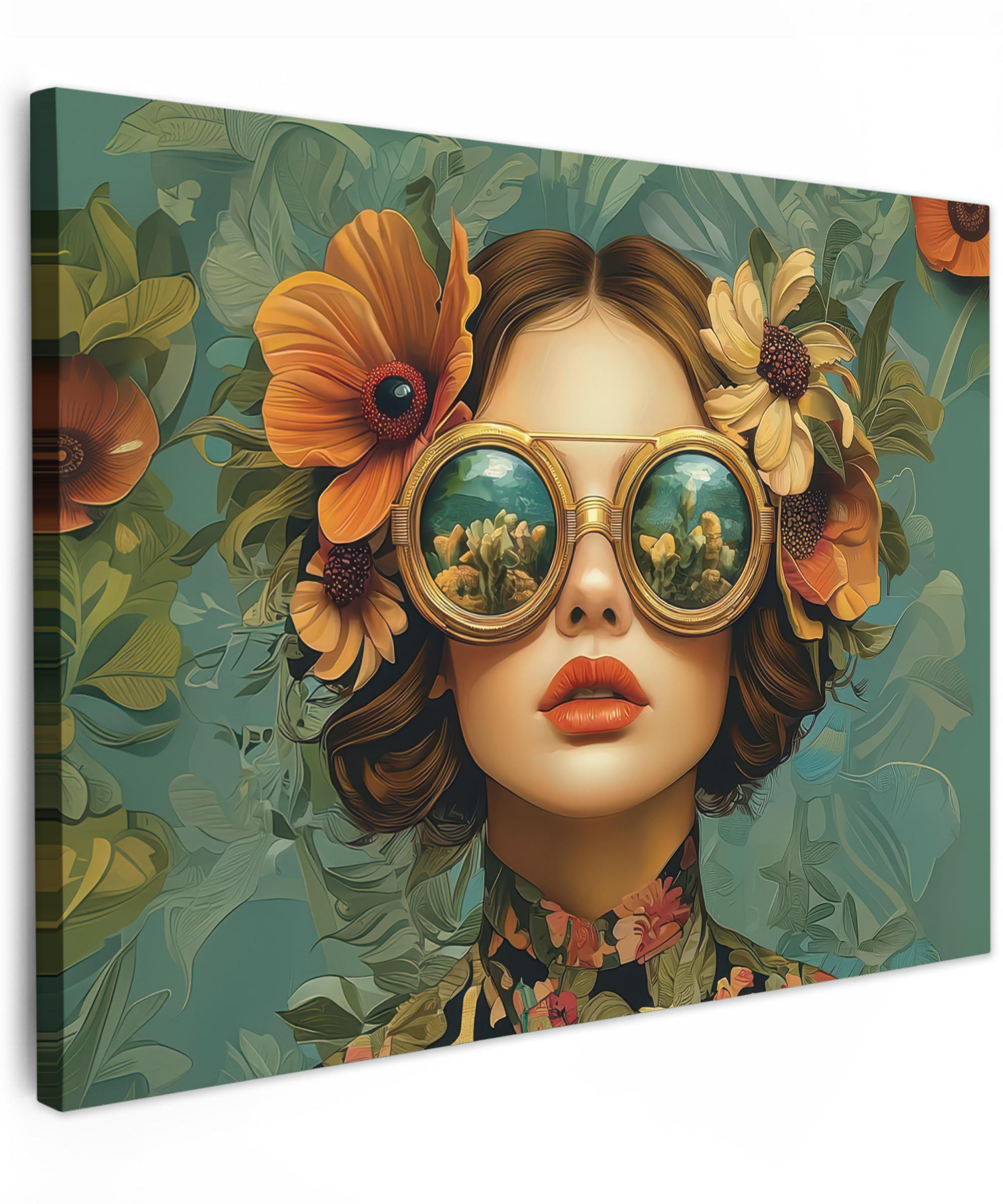LEINWANDBILD Frau - Blumen - Schmetterlinge - Natur - Vintage Wandbild 40x30 cm - Salbeigrün, Textil (40/30cm) - MuchoWow
