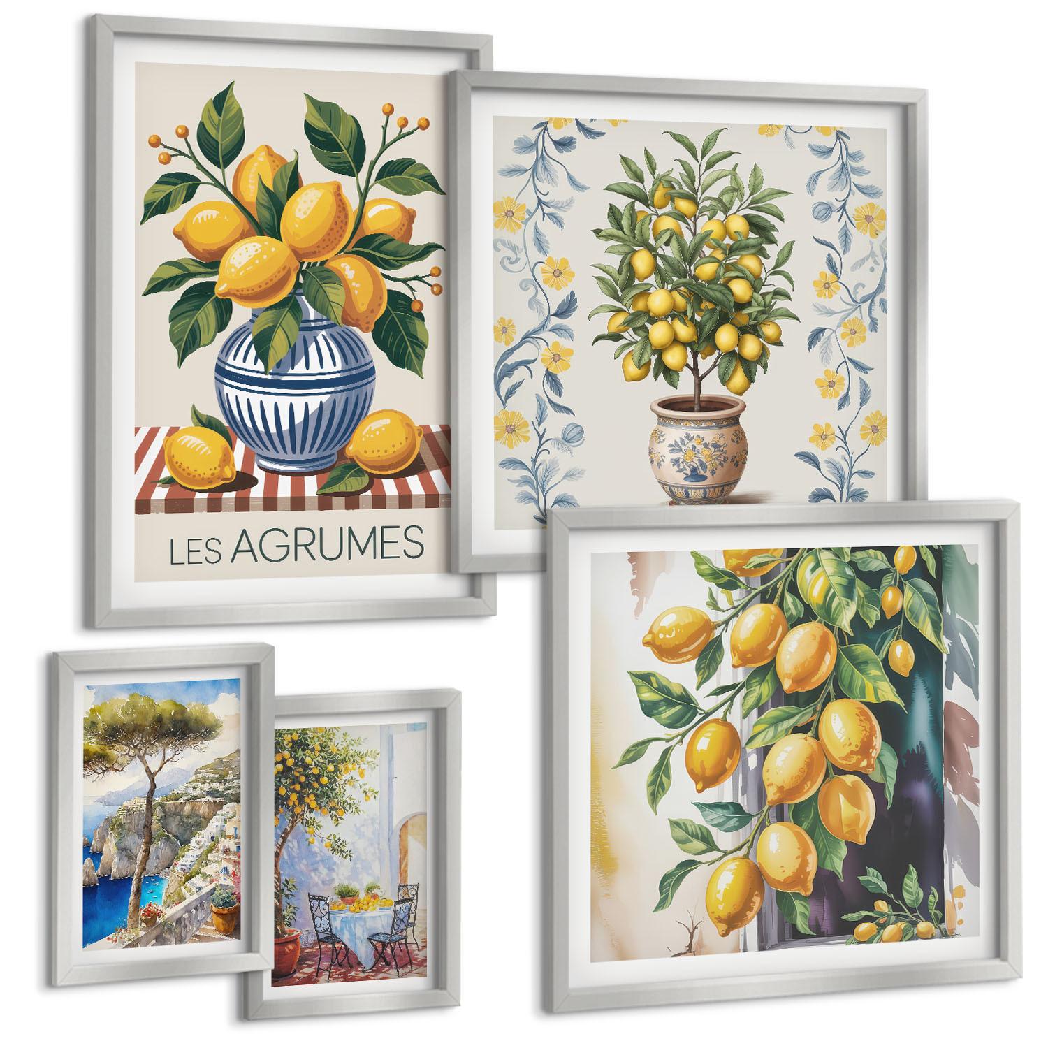 BILDER SET 5er Set - 50x50 cm & 20x30 cm & 40x60 cm Silberner Rahmen - Zitronenbäume am Meer - Silberfarben, Kunststoff (40/60cm) - TULUP