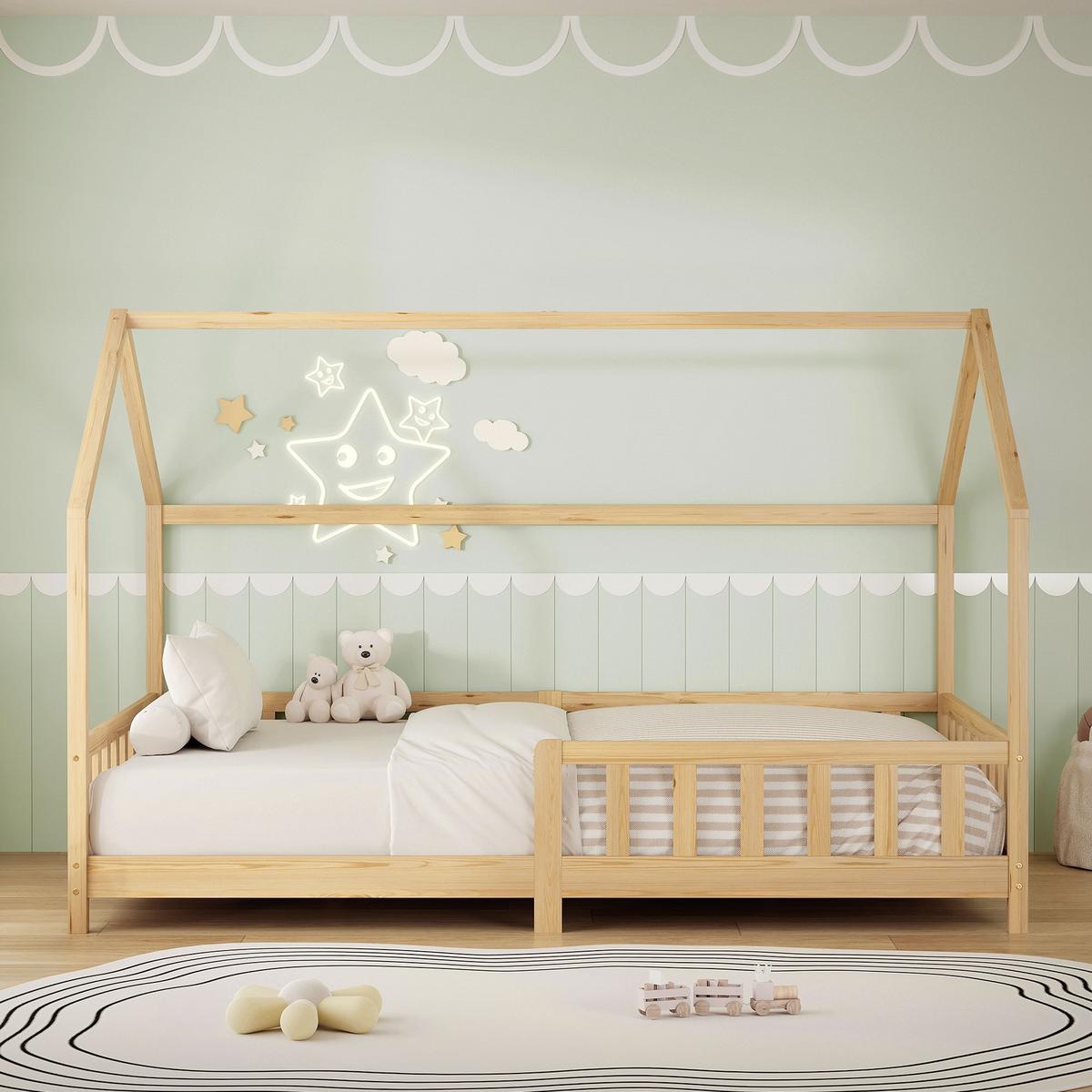 KINDERBETT 120x200 cm mit Rausfallschutz Natur aus Kiefernholz massiv - Naturfarben, Holz (120/200cm) - ML-DESIGN