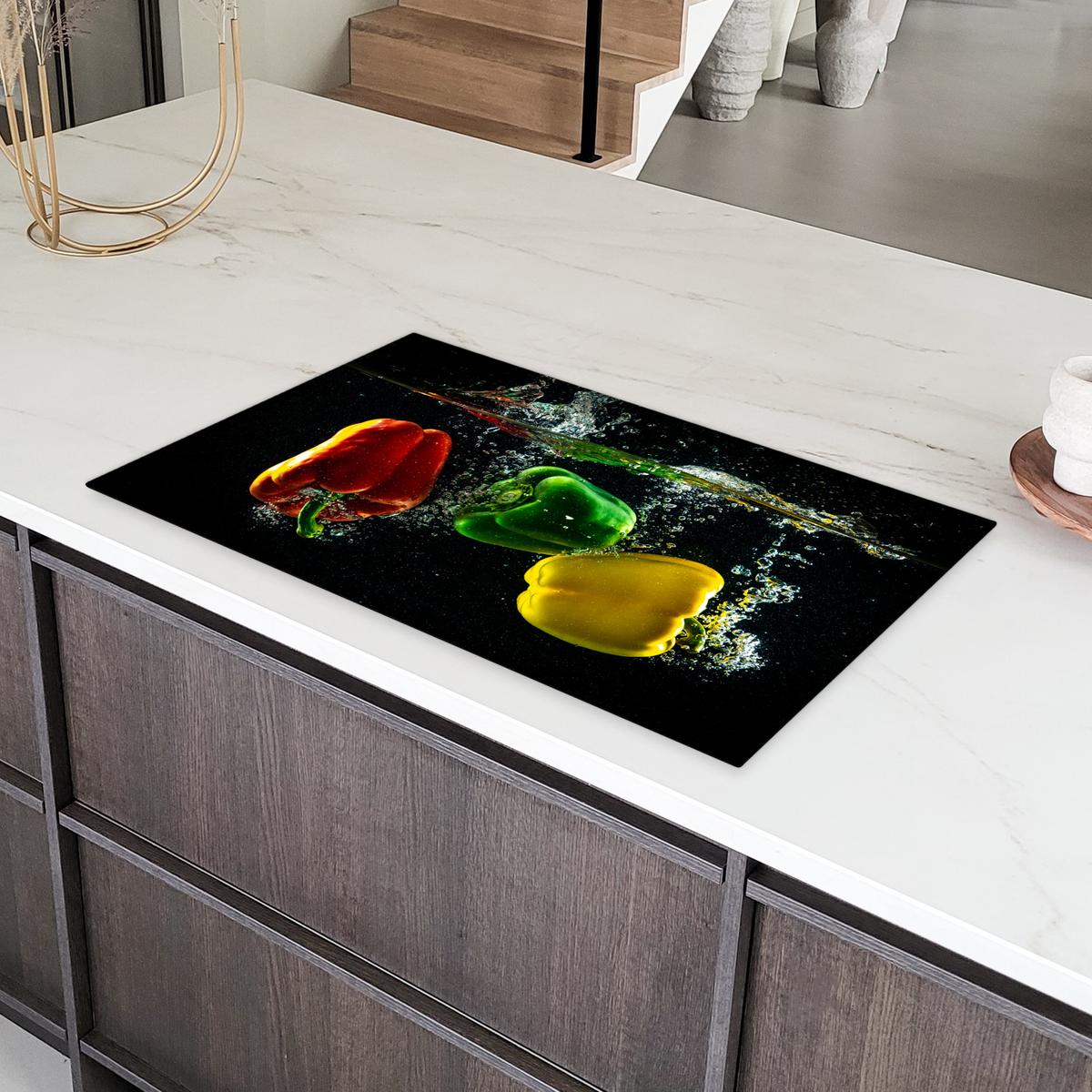 HERDABDECKPLATTE Paprika - Gemüse - Wasser - Schwarz - Rot - Grün - Gelb Ceranfeldabdeckung 90x52 cm - Multicolor, Kunststoff (90/52/0.2cm) - MuchoWow