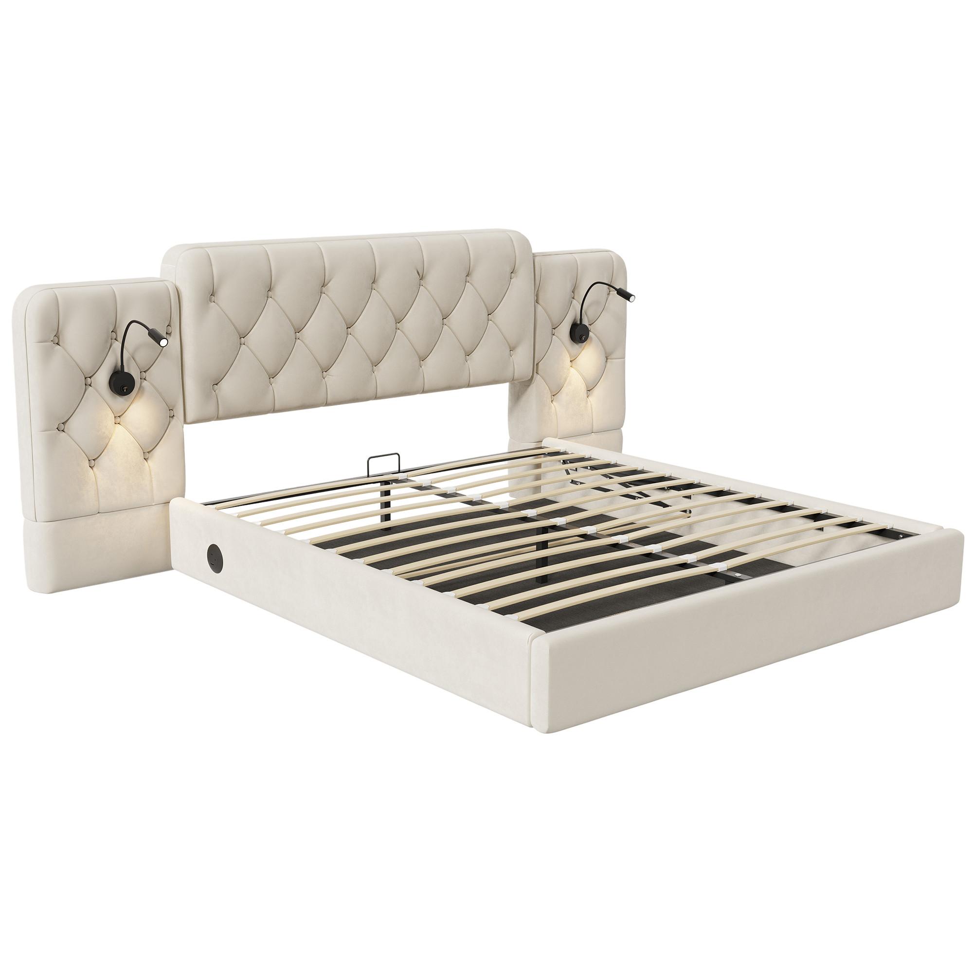 POLSTERBETT Samt Beige 160x200 cm mit LED Leseleuchten & USB-Anschluss - Beige, Textil (160/200cm) - Urban Meuble