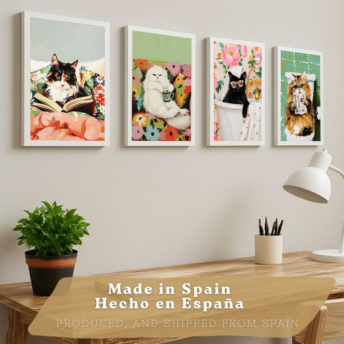 POSTER 4er Kunstdruck-Set Wandbilder Katzen modern Wohnzimmer Deko, Schlafzimmer, Küche, Badezimmer Rahmenlos A3 - Weiß, Papier (29.7/1/42cm) - Nacnic