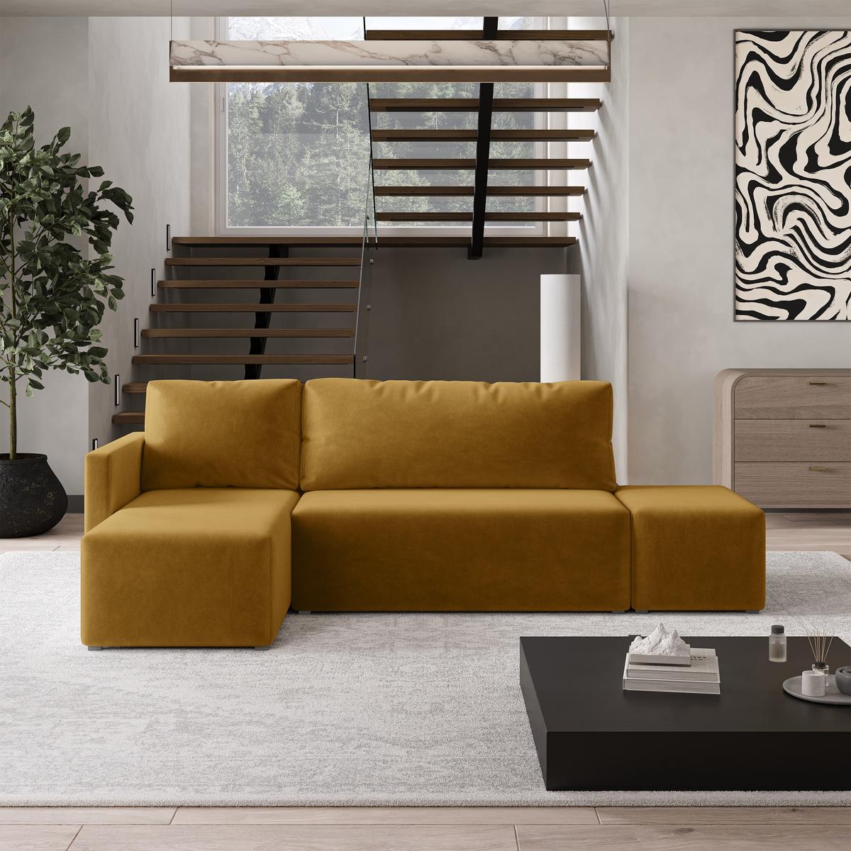 ECKSOFA VELOTTI L-S Gelb Plüsch-Stoff mit Schlaffunktion - Gelb, Holz (261/143cm) - MASSENO