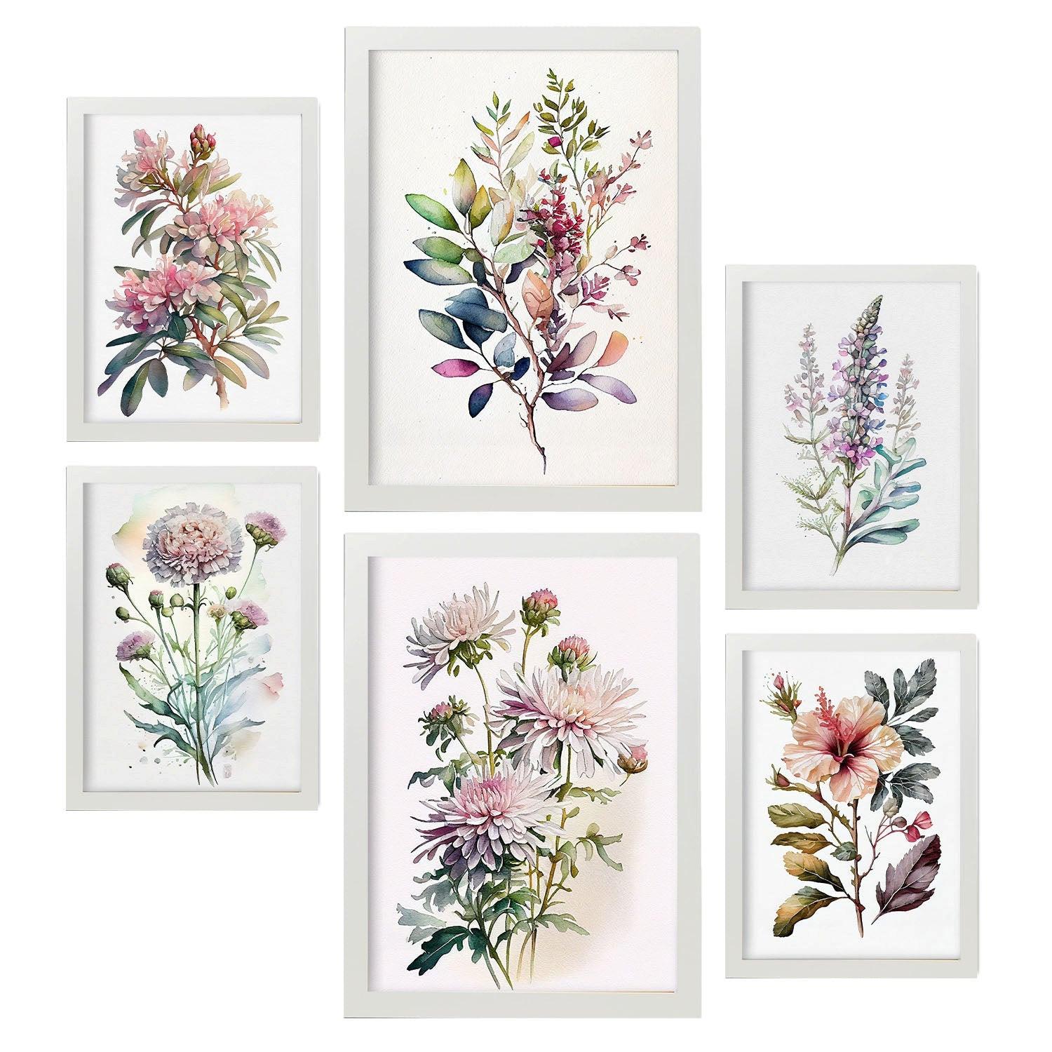 POSTER Set Mit 6 Landblumen Vollfarbige Natur Und Botanikdrucke Mit Blumenmotiven Auf Reinweißen Hintergründen Innenarchitektur A3 & A4 Weißer Rahmen - Weiß, Papier (29/3cm) - Nacnic