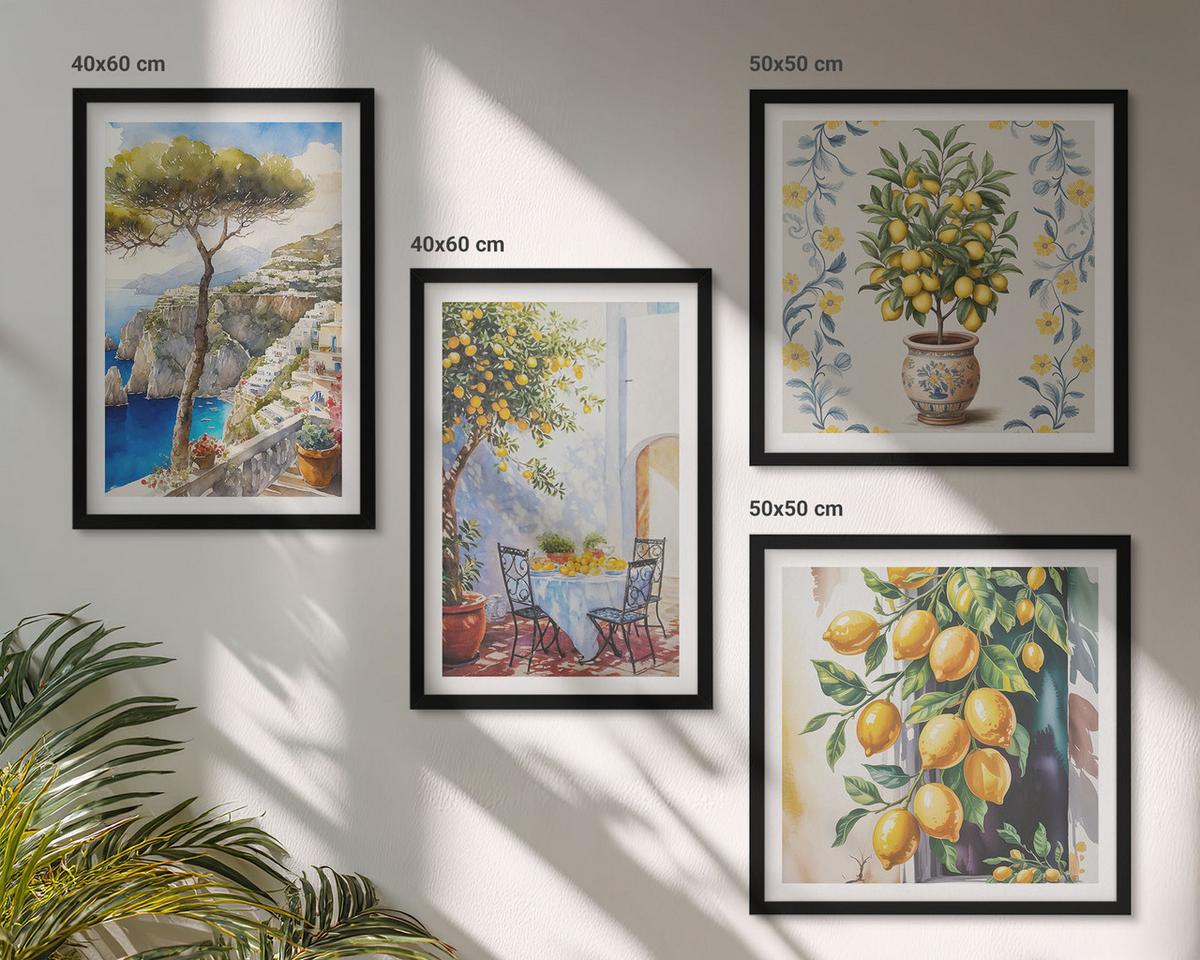 BILDER SET 4er Set - 50x50 cm & 40x60 cm Schwarzer Rahmen - Zitronenbäume am Meer - Schwarz, Kunststoff (50/50cm) - TULUP