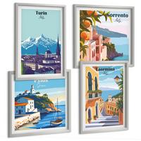 BILDER SET 4er Set - 50x50 cm & 40x60 cm Silberner Rahmen - Farbenfrohe Illustrationen von Retro-Städten - Silberfarben, Kunststoff (50/50cm) - TULUP