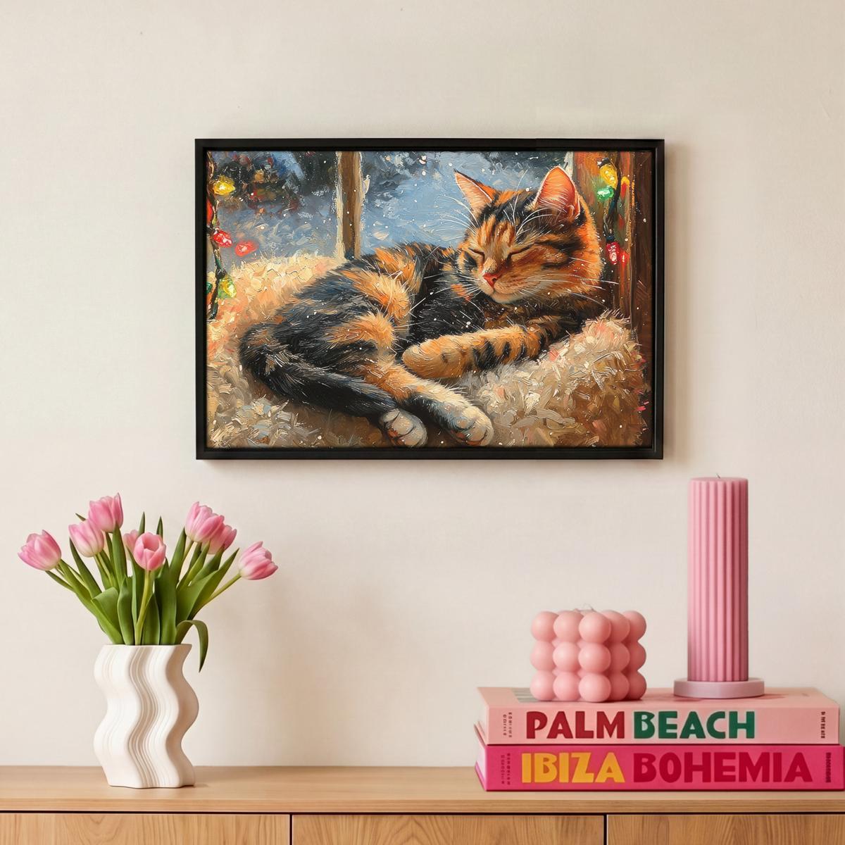 LEINWAND Bilder mit Rahmen - Katze - Weihnachten - Winter - Tier - 30x20 - Bernsteinfarben, Textil (30/20cm) - MuchoWow