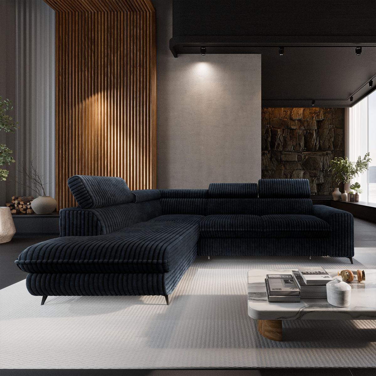ECKSOFA VELISS Schwarz Kordstoff mit Schlaffunktion - Schwarz, Holz (255/193cm) - MASSENO
