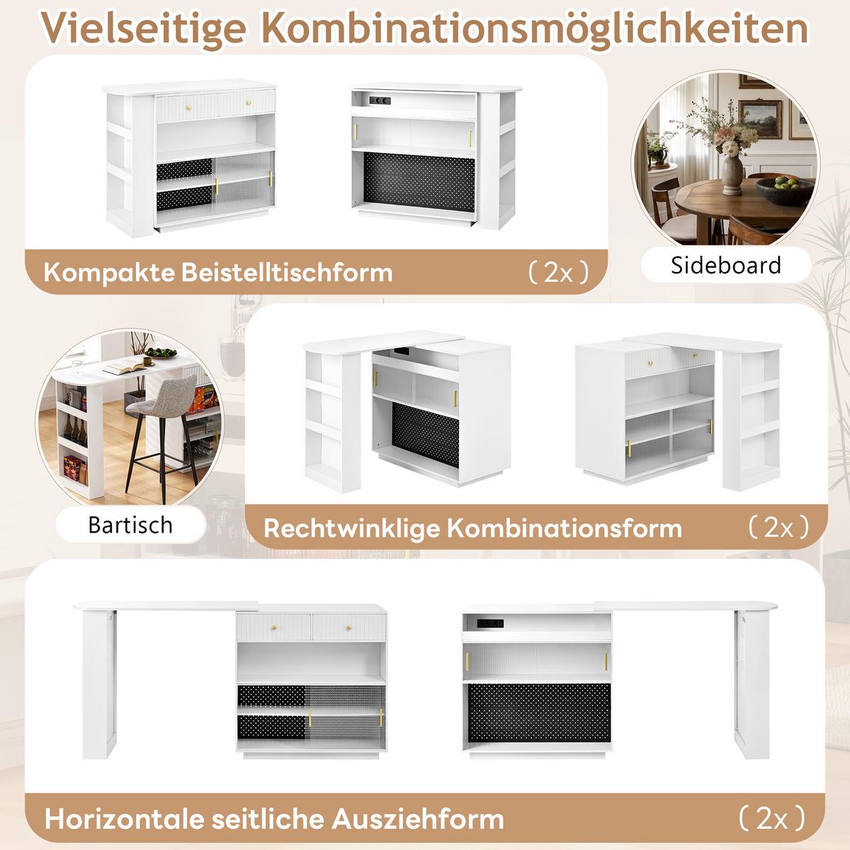 BARTISCH mit sideboard in weiß mit riffelglas, 360° drehbar - Weiß, Holzwerkstoff (50/120/95.5cm) - Urban Meuble