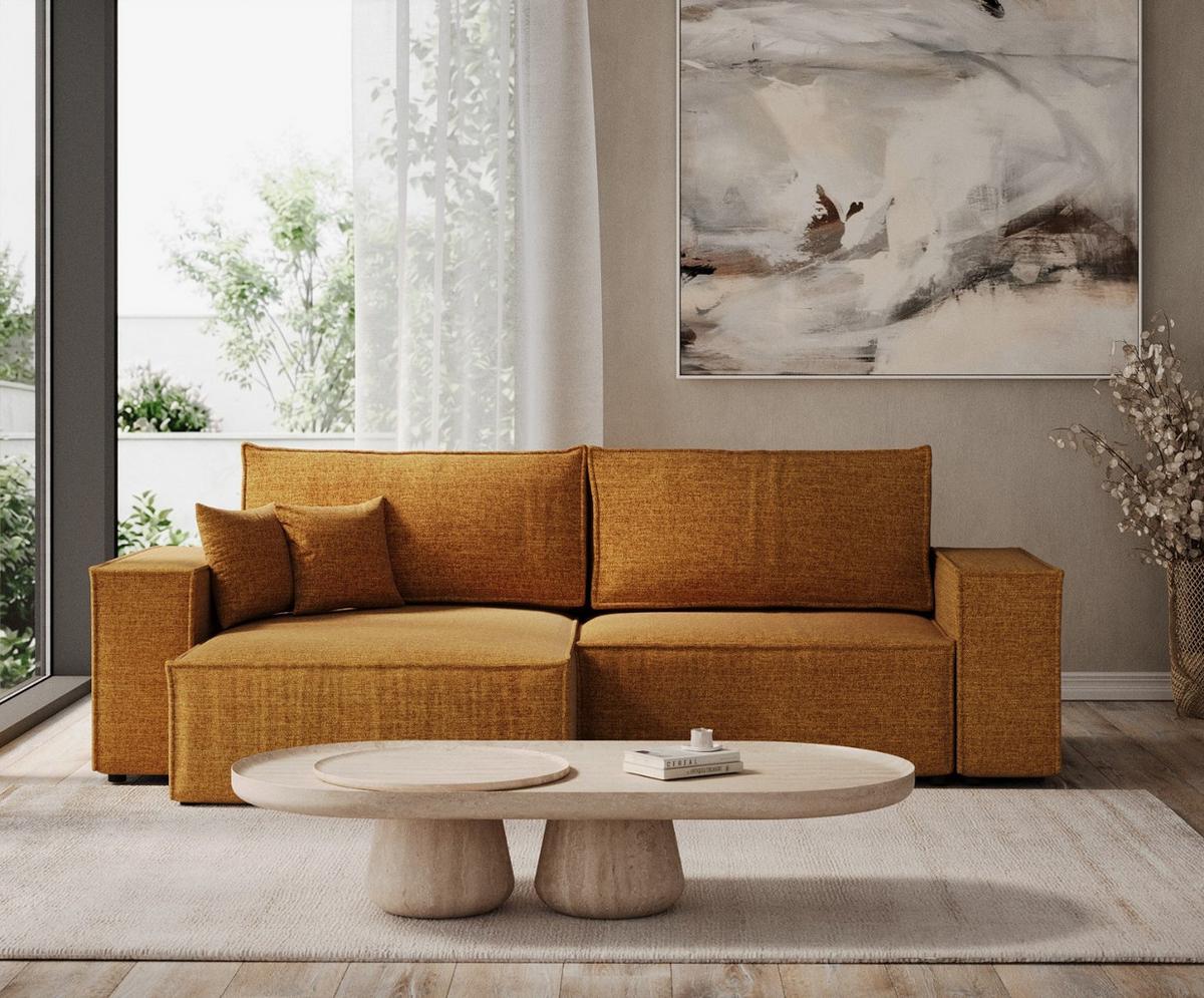 ECKSOFA CAVO mit Schlaffunktion Honiggelb im City Stoff - Schwarz/Honig, Holz/Holzwerkstoff (255/148cm) - AltaBeds