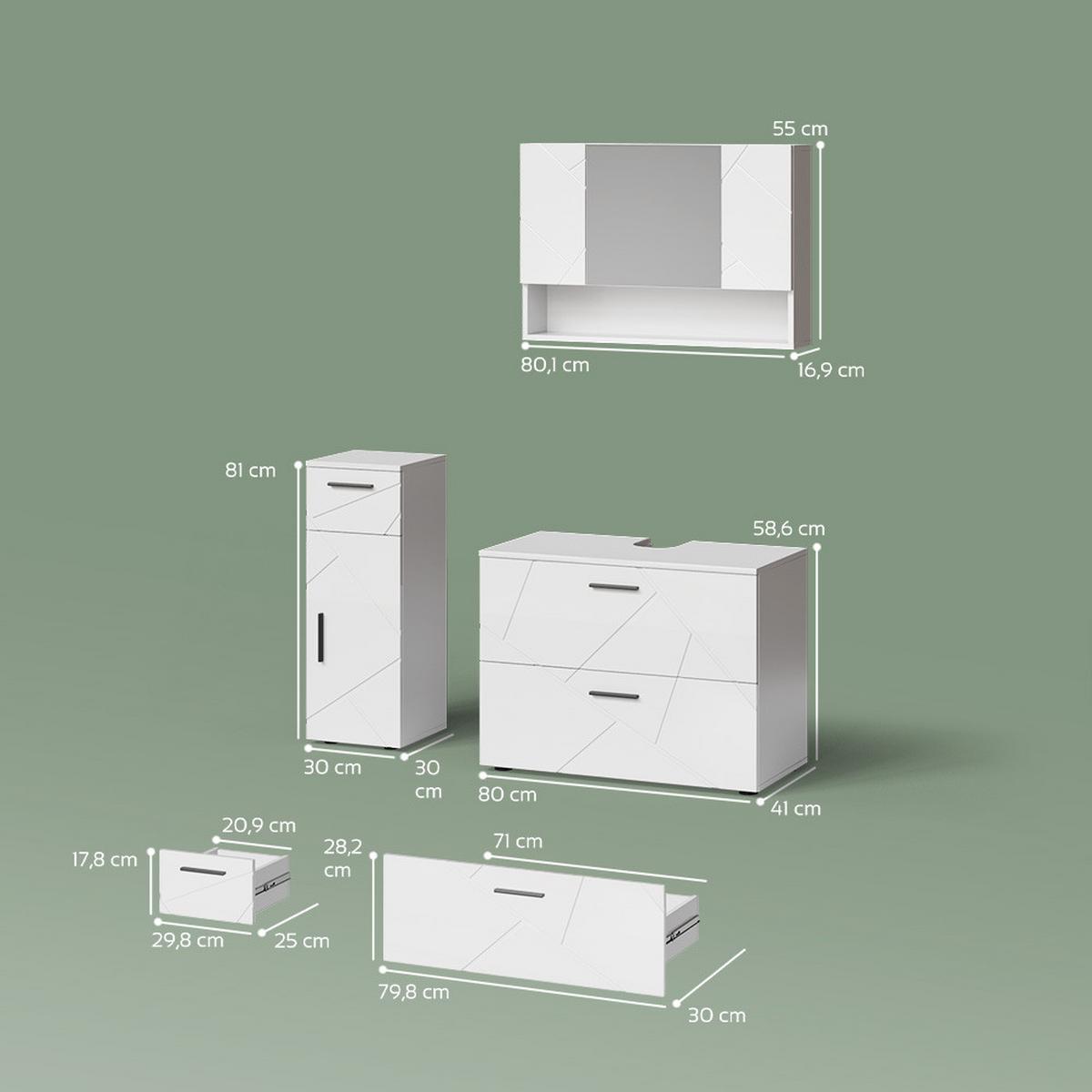 BADMÖBEL-SET Ronco Weiß Hochglanz 3 Teile, mit Schubladenschrank und Midischrank - Weiß Hochglanz, Holzwerkstoff (41/80/58cm) - Livinity®