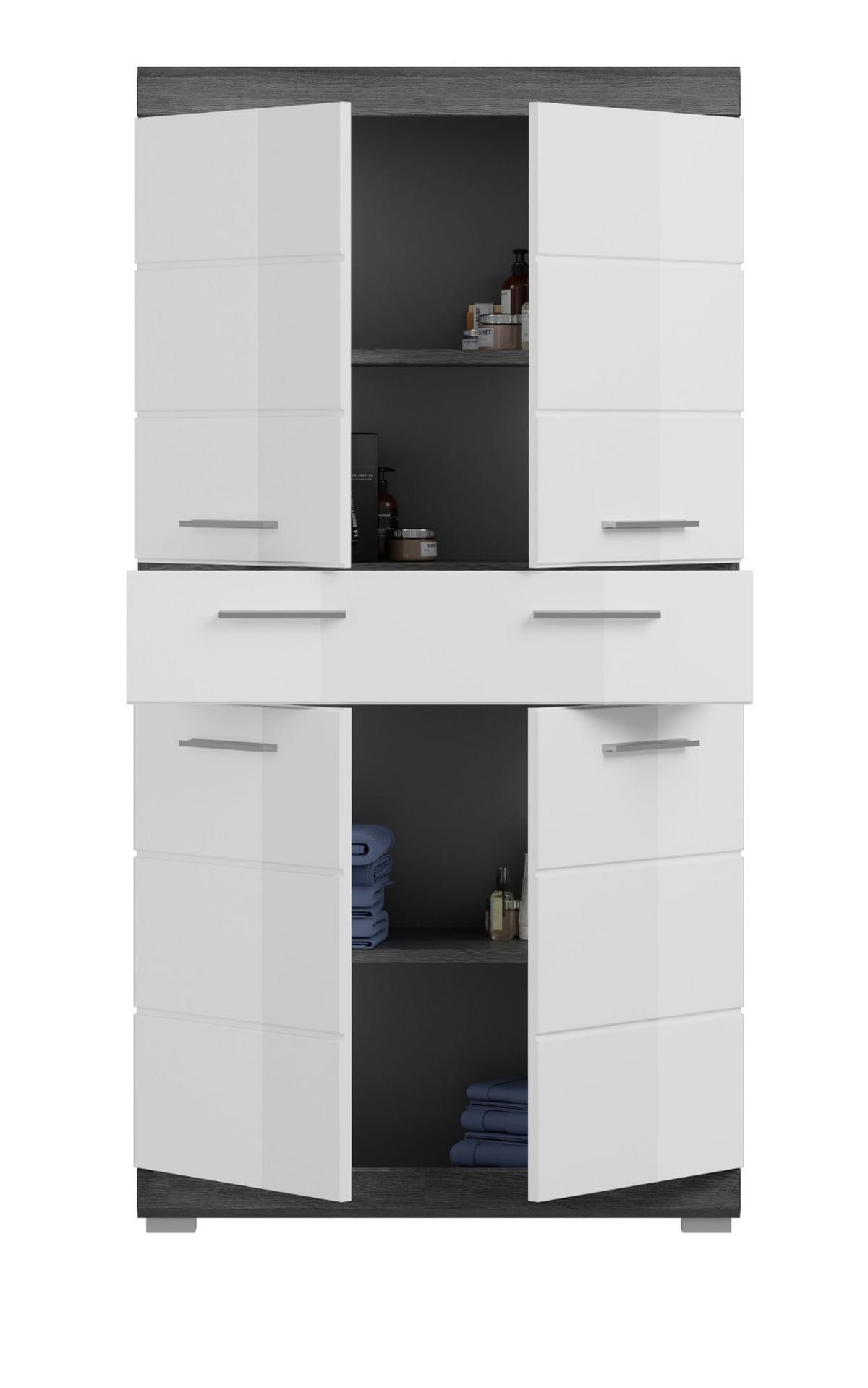 MIDISCHRANK weiß Hochglanz, grau 74 cm, Badschrank 4-türig - Weiß Hochglanz/Silberfarben, Holzwerkstoff/Kunststoff (74/141/31cm) - Inn.Furn