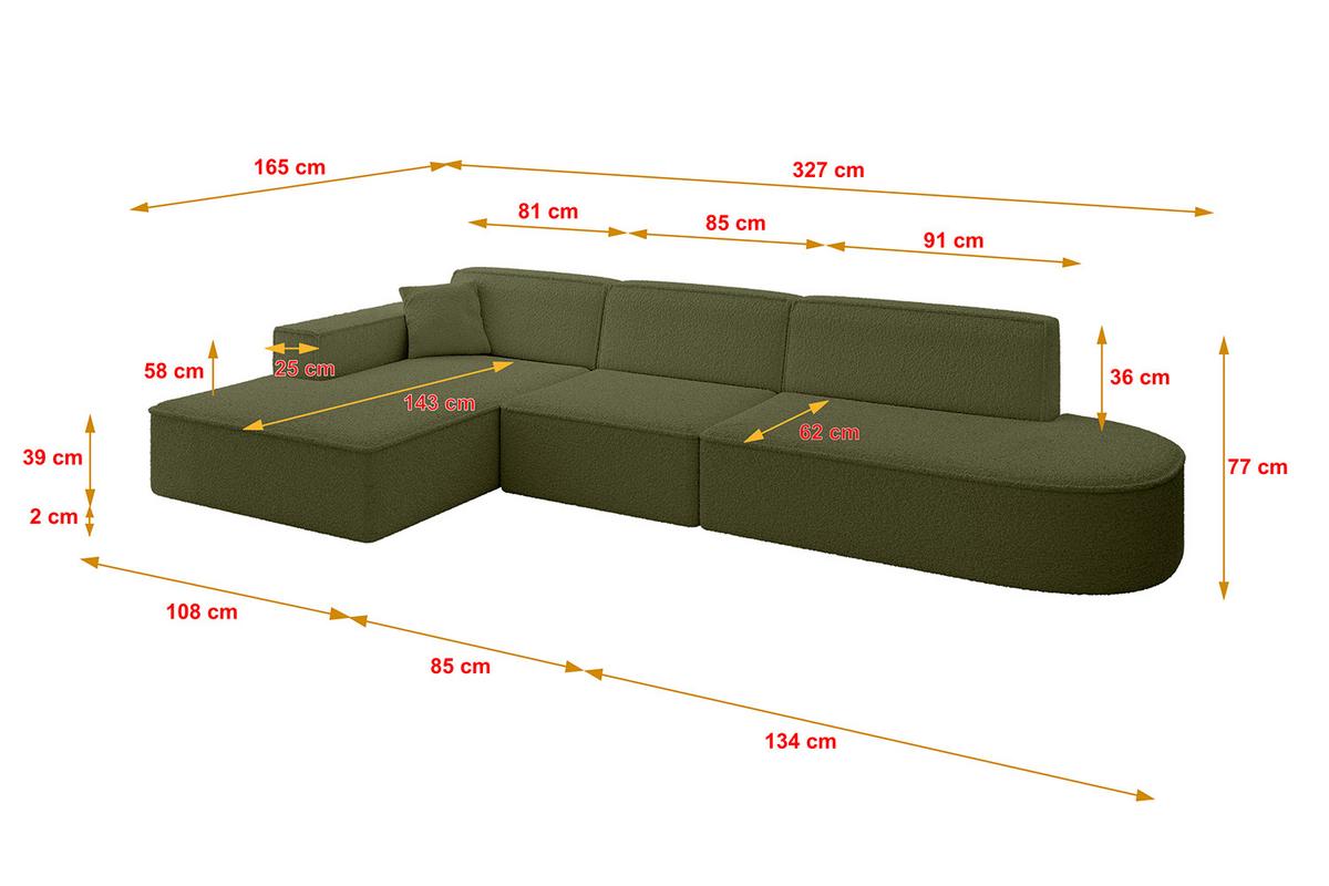 ECKSOFA Ottomane Links IREA-L2-v4 - 327x165x77 cm Grün - Platinfarben, Holzwerkstoff/Textil (327/165cm) - ALTDECOR