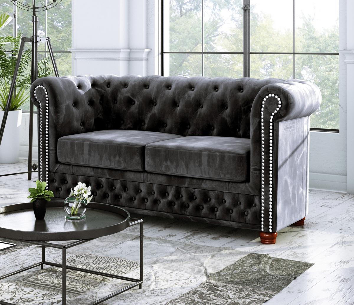 CHESTERFIELD-SOFA 2-sitzer Lauren Schwarz Samt - Schwarz/Braun, Holz/Textil (148/72/86cm) - S-Style Möbel