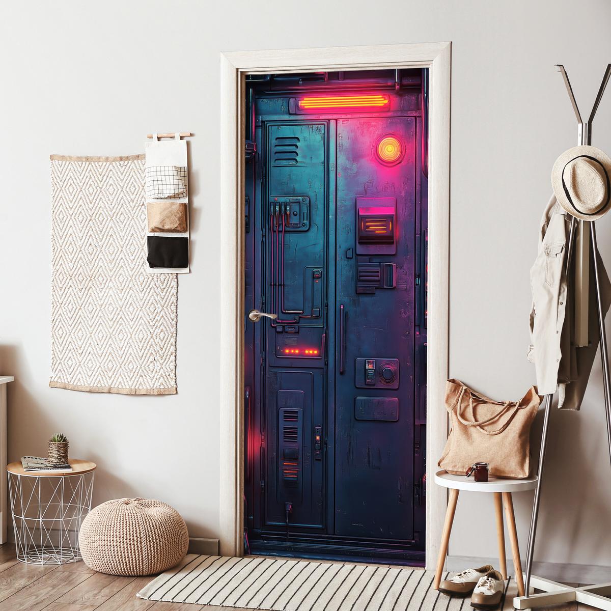 TÜRAUFKLEBER Tür - Futuristisch - Blau - Rosa - Neon 85x215 cm - Türtapete - Anthrazit, Kunststoff (85/0.1cm) - MuchoWow