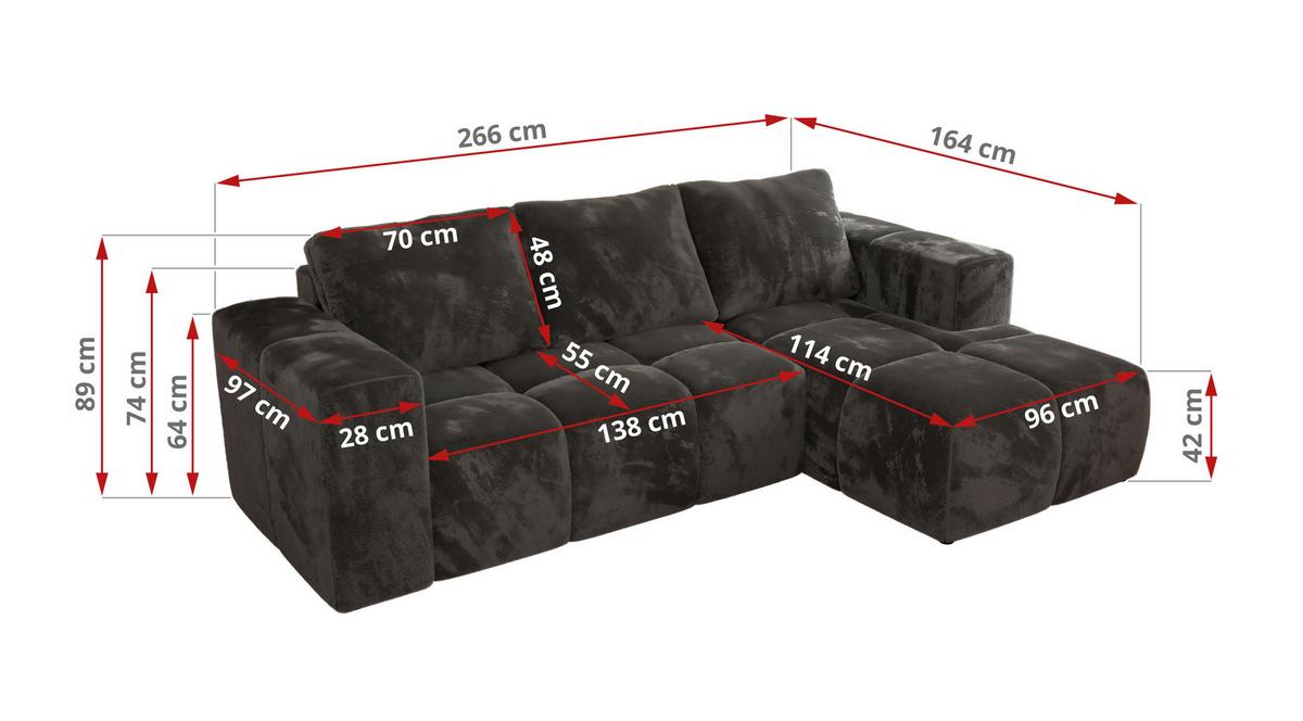 ECKSOFA MONIVA Dunkelgrau Plüsch - Links - Dunkelgrau/Schwarz, Kunststoff/Textil (164/266cm) - MKS