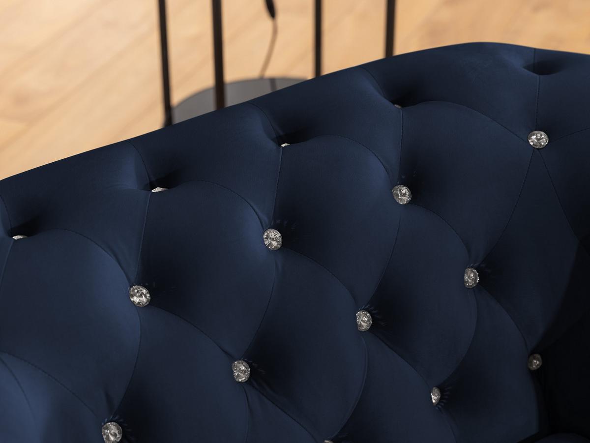 ECKSOFA mit Schlaffunktion Chesterfield Marineblau Samt mit Kristallsteppung und braunen Massivholzfüßen - Ottomane Links - Blau/Braun, Holz/Textil (264/210cm) - S-Style Möbel