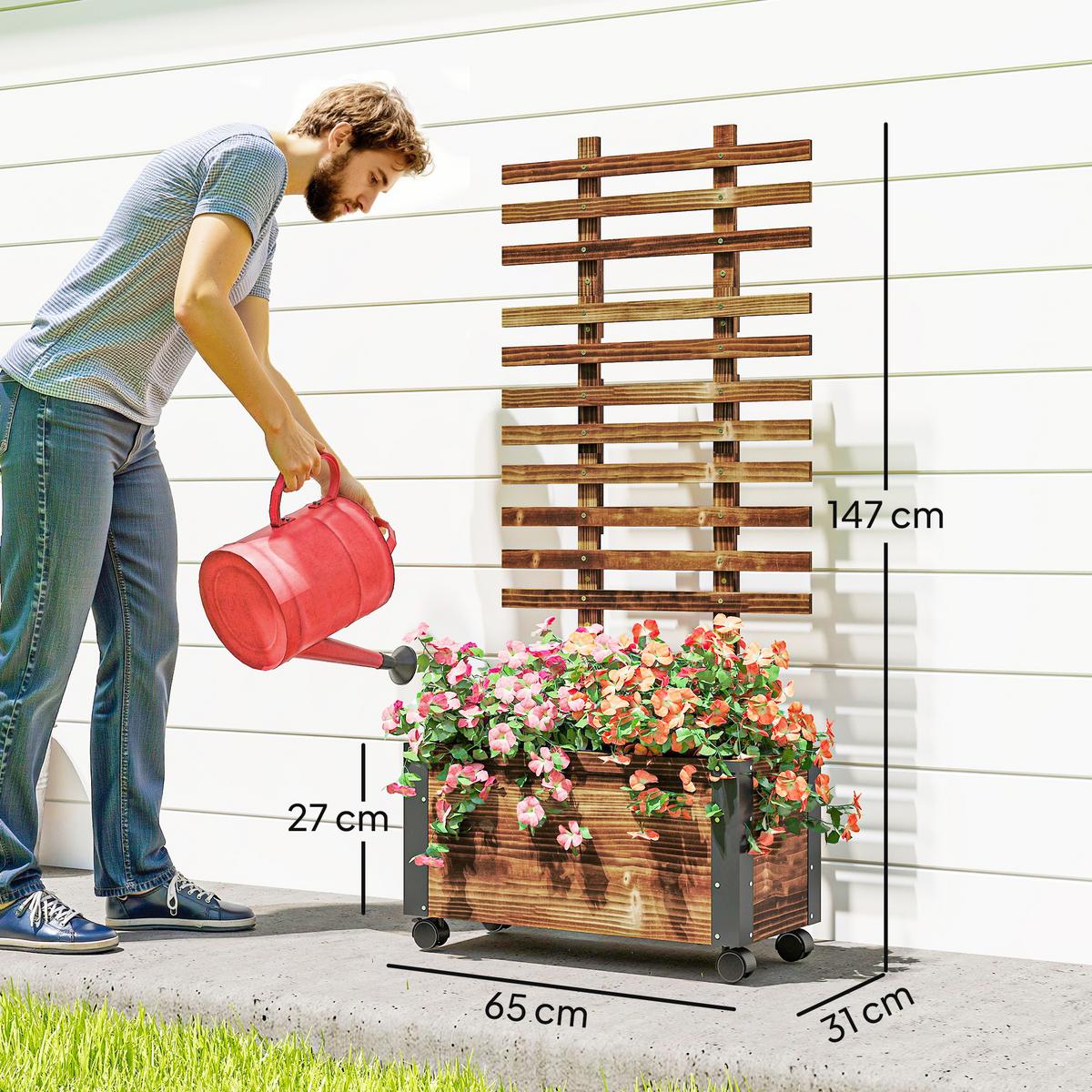 HOCHBEET mit Rankgitter, Blumenkasten mit Rollen, für Kletterpflanzen, Holz, Verkohlt - Dunkelbraun, Holz (31/147/65cm) - Outsunny