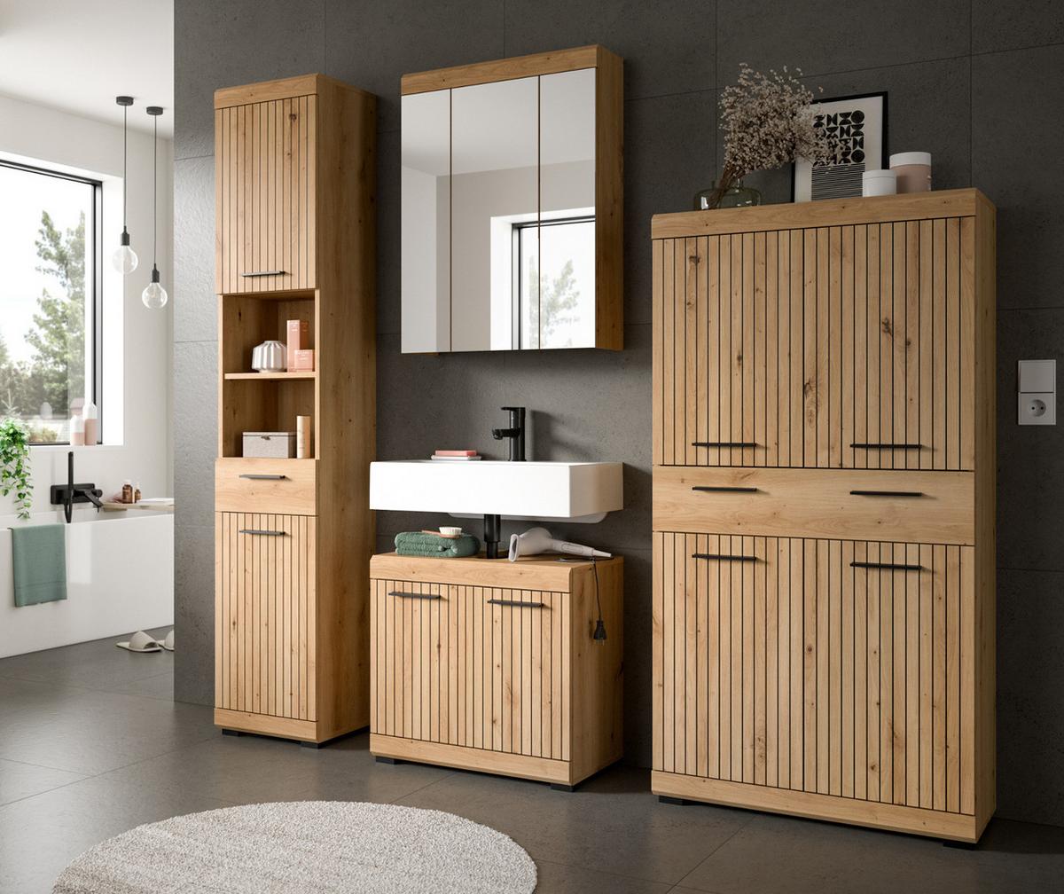 BADMÖBEL-SET Eiche Artisan 4-teilig 200 x 191 cm, Badkombination in modernem Design - Schwarz/Eiche Artisan, Glas/Holzwerkstoff (201/191/34cm) - Inn.Furn