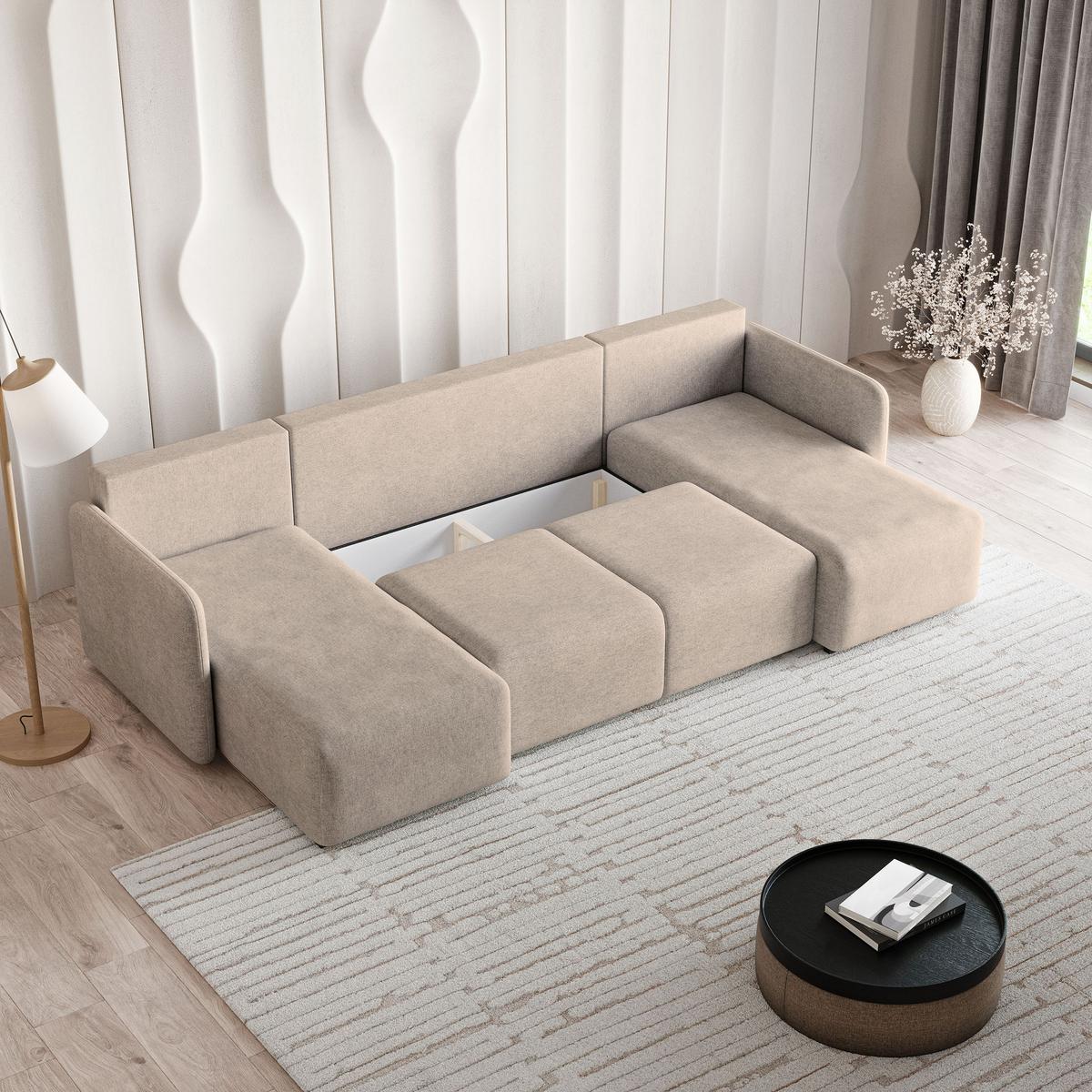 WOHNLANDSCHAFT NUBERO Beige Geflochtener Stoff mit Schlaffunktion - Beige, Holz (285/85/143cm) - MASSENO