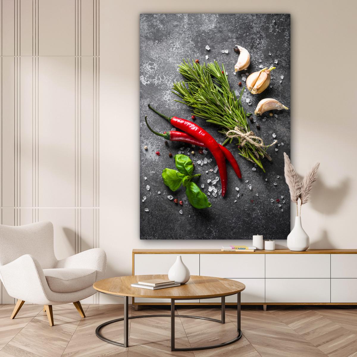 LEINWANDBILD Pfeffer - Kräuter - Gewürze - Beton Deko Groß 90x140 cm - Dunkelgrau, Textil (90/140cm) - MuchoWow