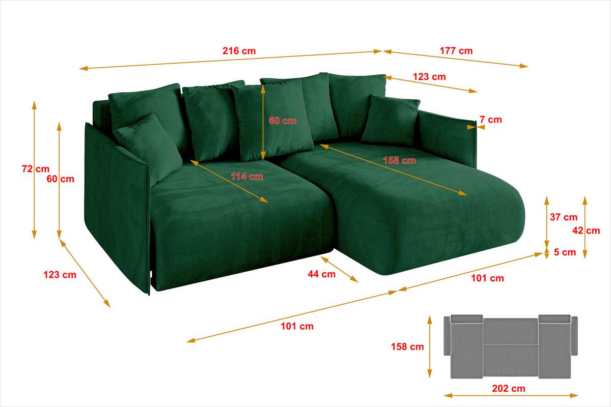 ECKSOFA Ottomane rechts ONESK-L 216x177x72 Grün Velours - Grün, Holzwerkstoff/Kunststoff (177/216cm) - ALTDECOR
