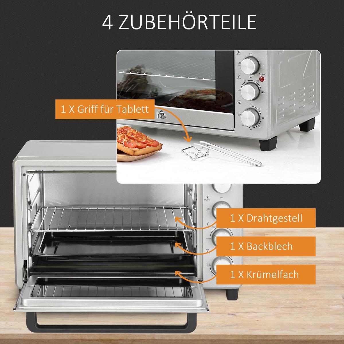 MINIBACKOFEN Metall Edelstahl Glas Silber - Silberfarben, Metall (52.2/38.1/33.5cm) - HOMCOM