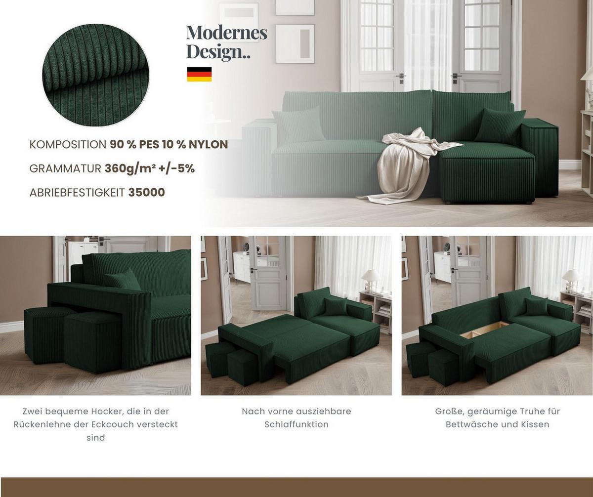 ECKSOFA PARIS mit Schlaffunktion und Bettkasten Grün - Grün, Kunststoff/Textil (262/145cm) - Idohome