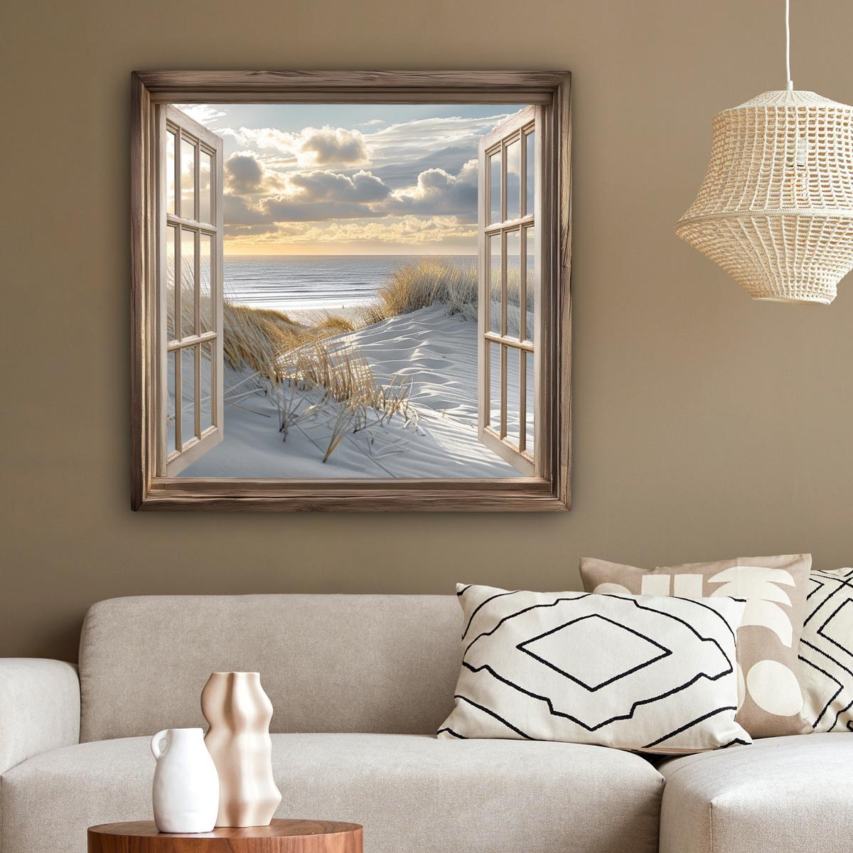 LEINWANDBILD Ausblick - Strand - Dünen - Meer - Natur Deko Groß 90x90 cm - Sandfarben, Textil (90/90cm) - MuchoWow