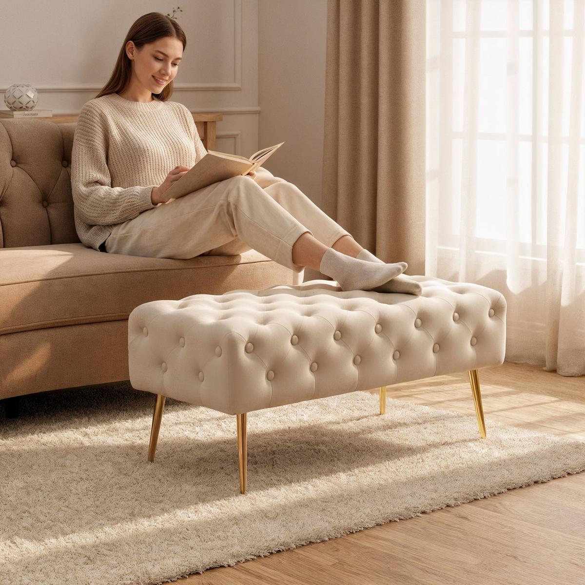 POLSTERBANK mit Samt - Optik Beige 42/41/42 - Beige, Textil (100/41/42cm) - RAUMHIRSCH FURNITURE
