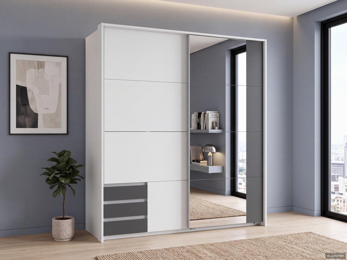 SCHWEBETÜRENSCHRANK 2-türig B183/H200/T65 cm, Passepartout-Kleiderschrank in Weiß, 1x Tür & sichtbare Schubkästen in Grafit mit Spiegel / 22710 - Graphitfarben/Alufarben, Holz/Holzwerkstoff (183/200/65cm) - luma-home