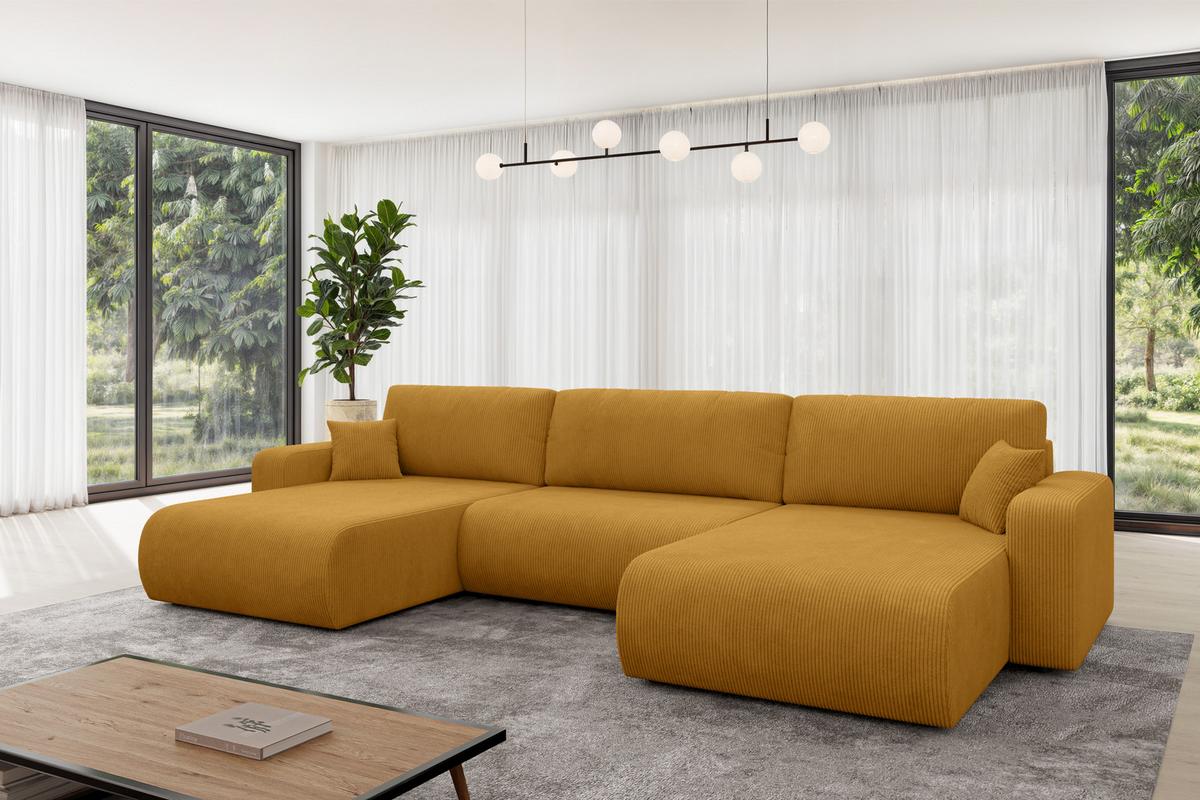 WOHNLANDSCHAFT mit Schlaffunktion und Bettkasten BERY-U 377x193x88 Senfgelb Cord - Dunkelgelb/Schwarz, Holzwerkstoff/Kunststoff (377/88/193cm) - ALTDECOR