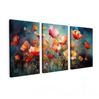 LEINWANDBILD 3er Set Blumen - Bunt - Abstrakt 120x60 cm - Blaugrau, Textil (120/60cm) - MuchoWow