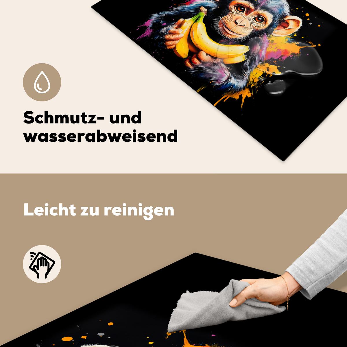 HERDABDECKPLATTE Affe - Graffiti - Farbenfroh - Bananen - Modern Induktionsschutz 91.6x52.7 cm - Gelb, Kunststoff (91.6/52.7/0.2cm) - MuchoWow