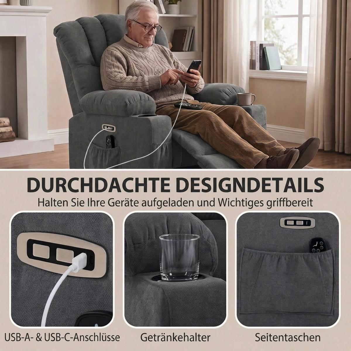 ELEKTRISCHER-AUFSTEHSESSEL Frottee 100 Polyester Grau - Grau, Textil/Metall (87/107/92cm) - HOMCOM