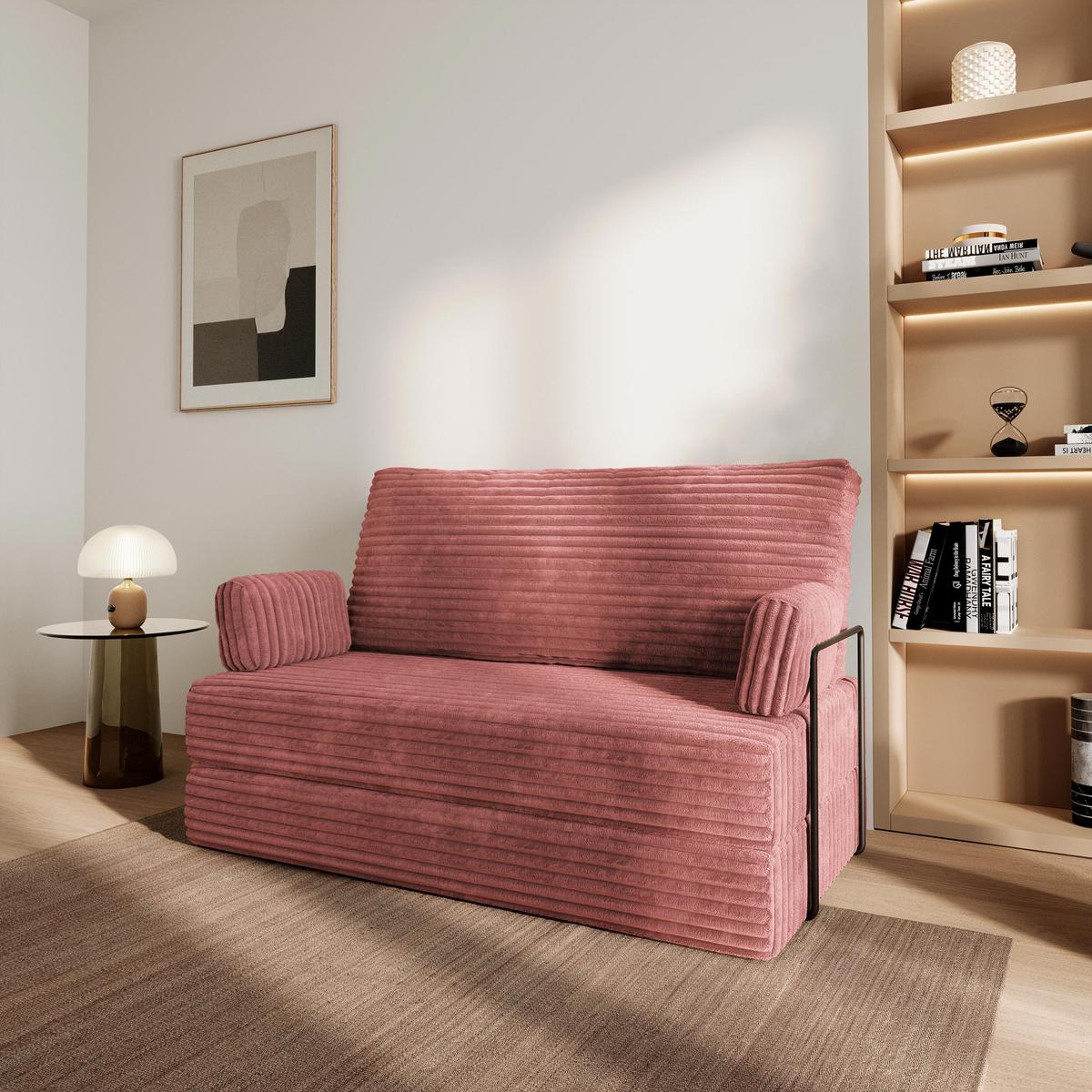 BETTSOFA LADIA aus Schaumstoff Kordstoff Rosa Schlaffunktion - Rosa, Textil (140/86/60cm) - MASSENO