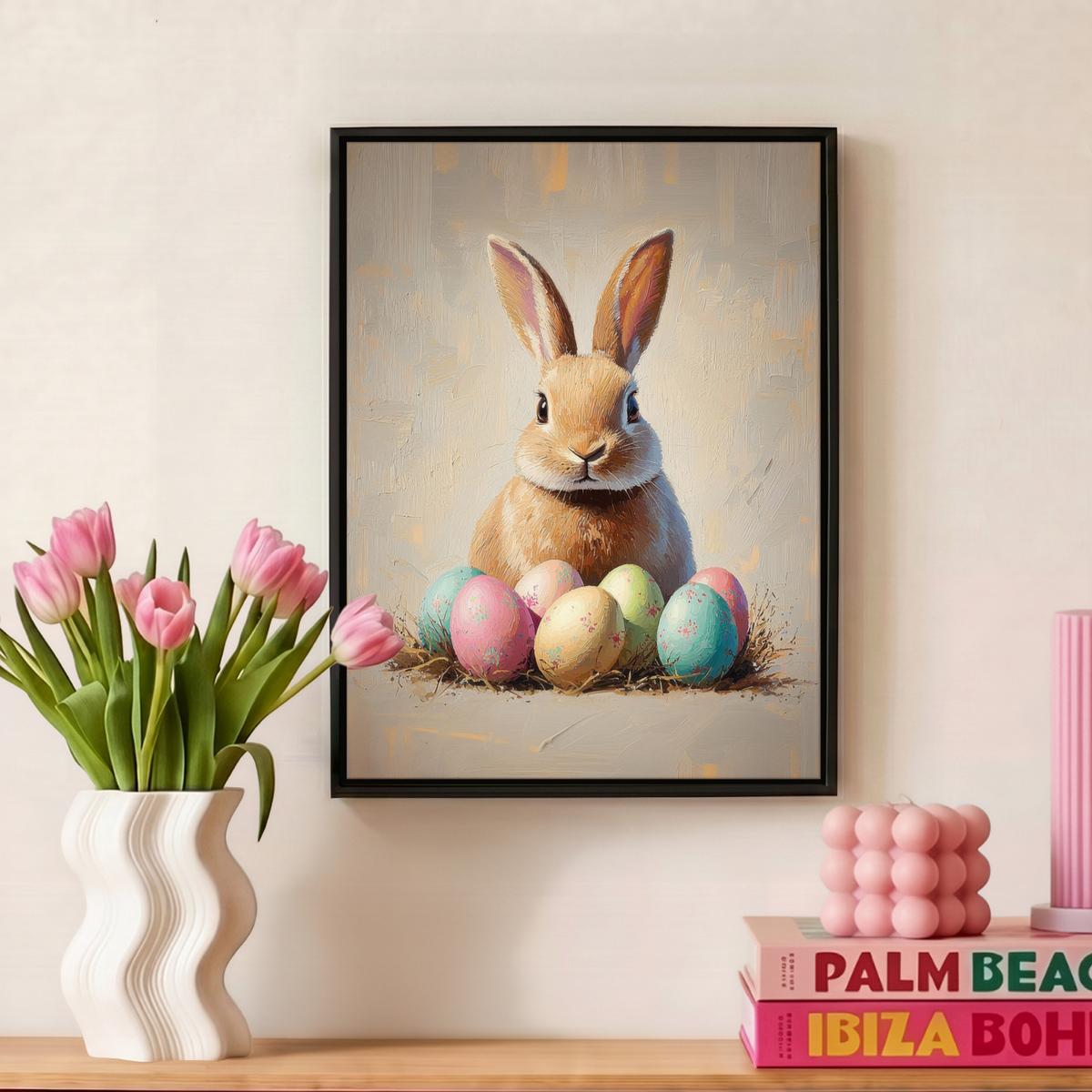 LEINWAND Bilder mit Rahmen - Osterhase - Pastell - Eier - 30x40 - Beige, Textil (30/40cm) - MuchoWow