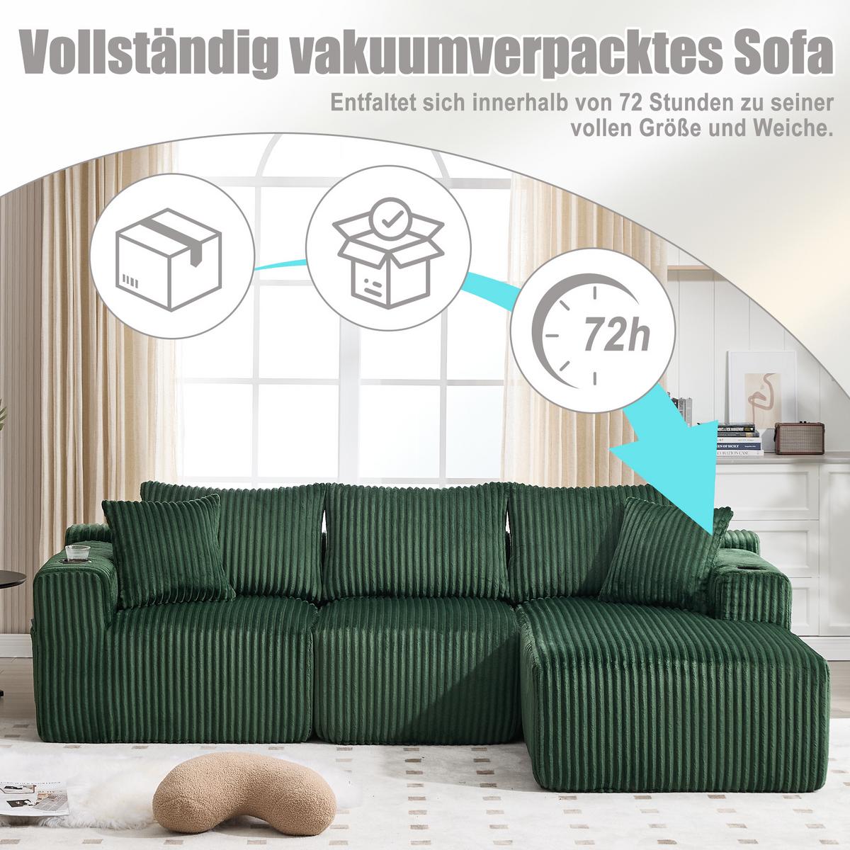 ECKSOFA mit Chaiselongue Cord - Smaragdgrün, Textil (257/160cm) - Urban Meuble