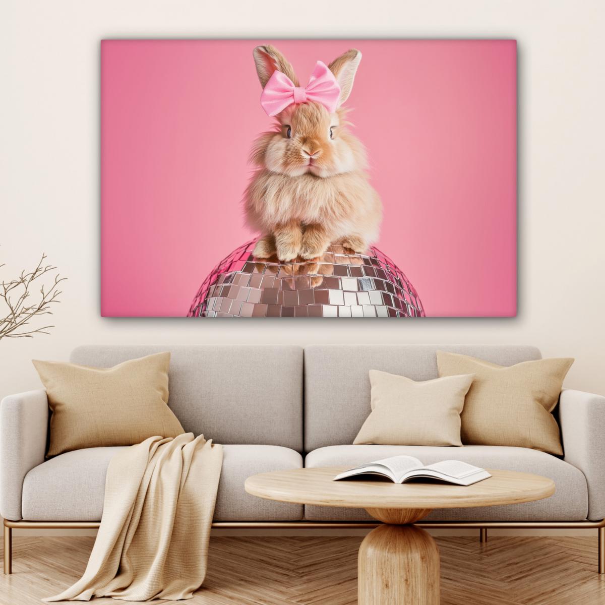 LEINWANDBILD Schleife - Discoball - Kaninchen Groß 140x90 cm - Pink, Textil (140/90cm) - MuchoWow