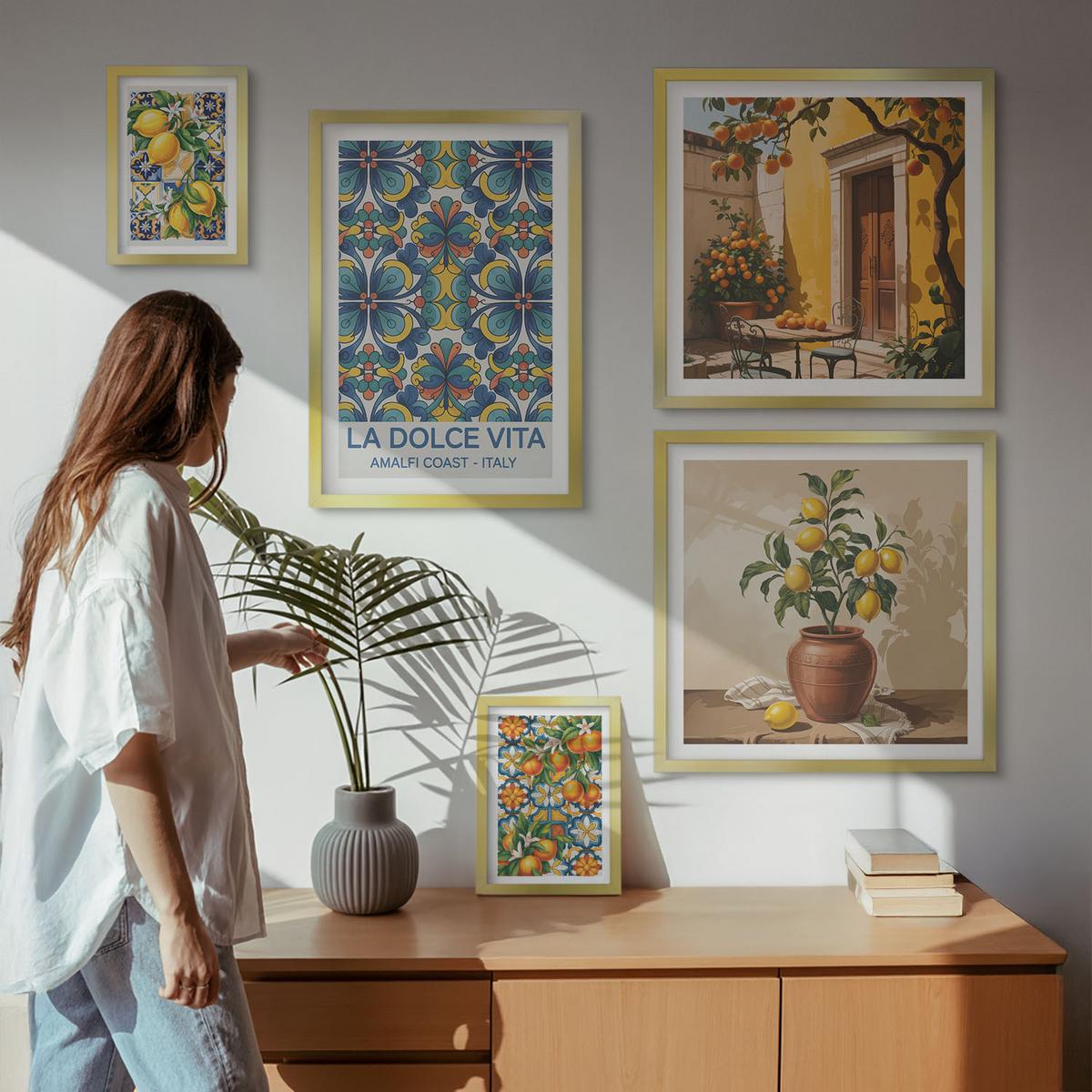 BILDER SET 5er Set - 50x50 cm & 20x30 cm & 40x60 cm Goldrahmen - Zitronen, Blumen, Orangen, Italien - Goldfarben, Kunststoff (40/60cm) - TULUP