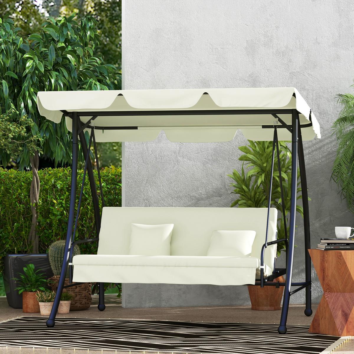 HOLLYWOODSCHAUKEL 2 in 1 mit Liegefunktion 3-Sitzer Gartenschaukel Cremeweiß - Creme, Metall (125/170/210cm) - Outsunny
