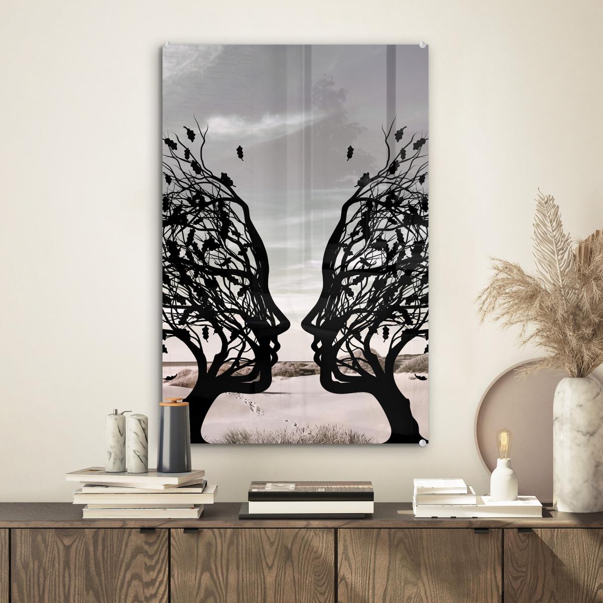 ACRYLGLASBILD Strand - Meer - Menschen - Baum - Moderne Kunst Wanddeko Wohnzimmer 40x60 cm - Hellgrau, Glas (40/60cm) - MuchoWow