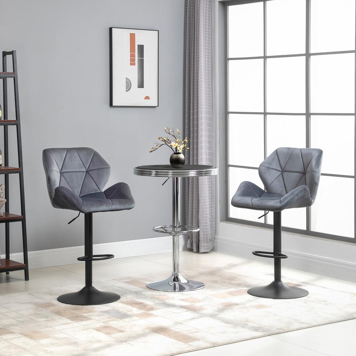 BARHOCKER 2er Set, Gepolstert mit Metallgestell, Samtoptik Grau - Schwarz/Grau, Textil/Metall (57/117/58cm) - HOMCOM