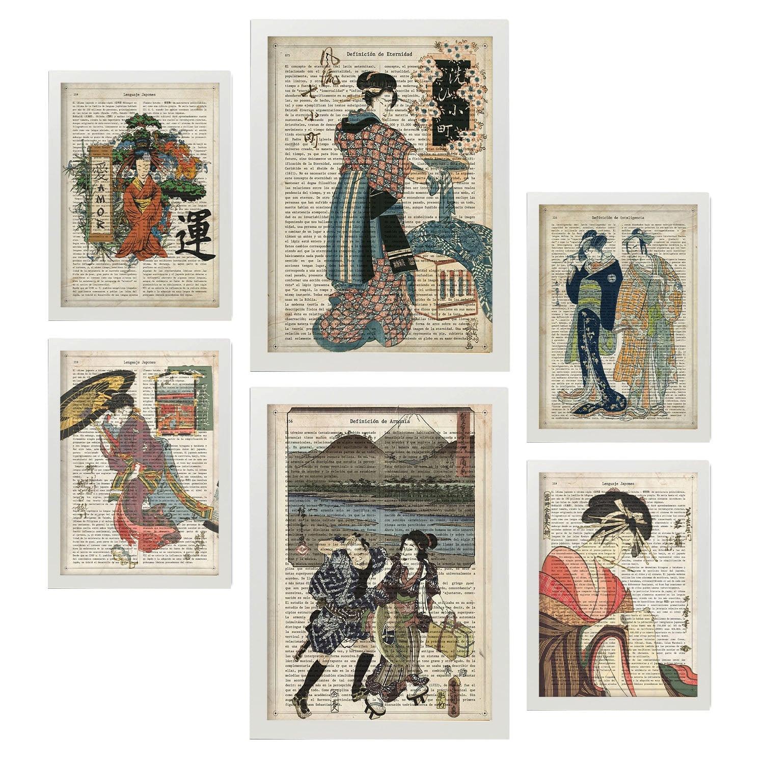 POSTER Set Mit 6 Japan Vintage Papier Stil Plakate Mit Enzyklopädie Hintergründen Ukiyo E Japanische Geishas Innenarchitektur A3 & A4 Weißer Rahmen - Weiß, Papier (29/3cm) - Nacnic