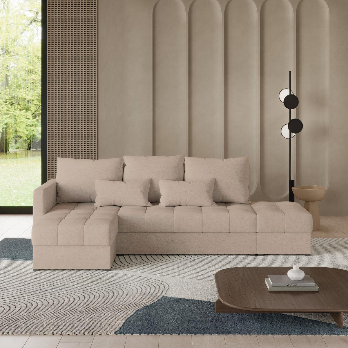 ECKSOFA LUMARI L-S Beige Plüsch-Stoff mit Schlaffunktion - Beige, Holz (262/143cm) - MASSENO
