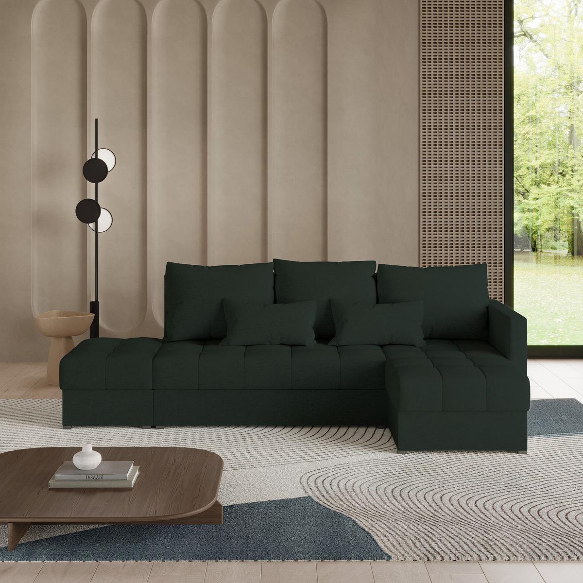 ECKSOFA LUMARI R-S Grün Plüsch-Stoff mit Schlaffunktion - Grün, Holz (262/143cm) - MASSENO