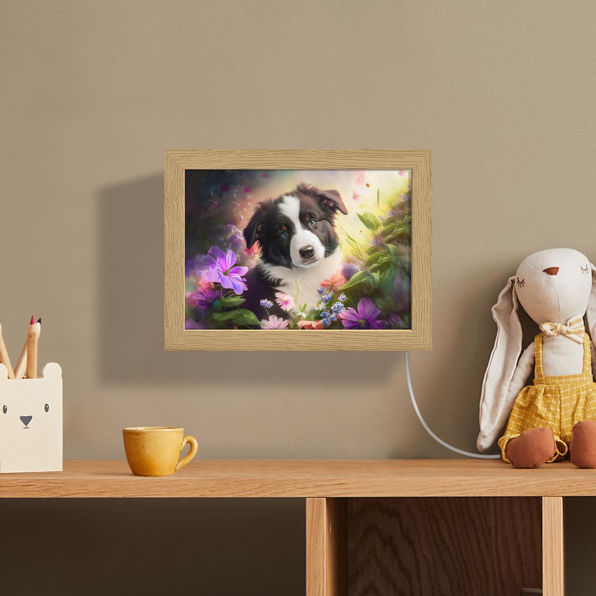 WANDLEUCHTE Welpe - Sonne - Blumen - Natur - Border Collie - Hund 20x15 cm - Violett, Holzwerkstoff (20/15/8cm) - OnlyWow