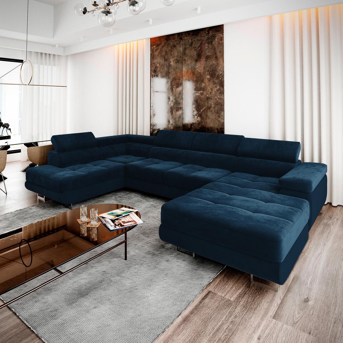 WOHNLANDSCHAFT CASONE L-S Blau Velours-Stoff mit Schlaffunktion - Blau/Silberfarben, Holz/Textil (345/90/202cm) - MASSENO