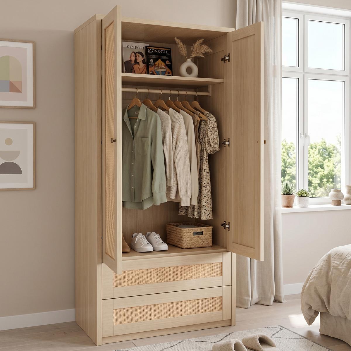 KLEIDERSCHRANK Holzfarbe Kunstrattan Doppeltüren mit 2 Schubladen - Naturfarben, Holzwerkstoff (70/170/55cm) - Urban Meuble